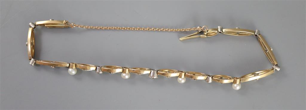 An Edwardian gold, old round and rose cut diamond and cultured? pearl set pierced oval link bracelet,